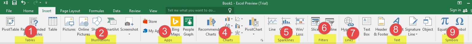 Insert Tab in Excel 2016