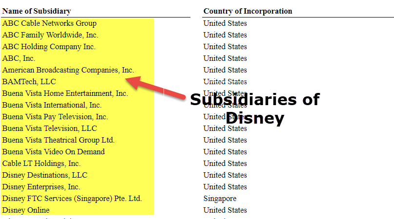 Example of Subsidiary company - Disney