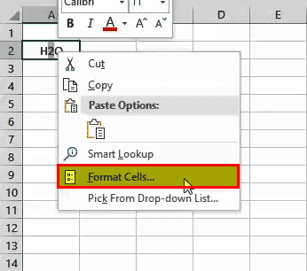 Subscript in Excel Example 1-1