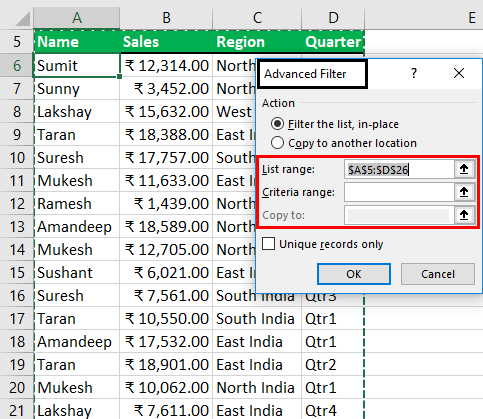 Advance Filter in Excel Example - 1-2