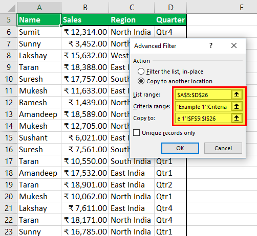 Advance Filter in Excel Example - 1-6