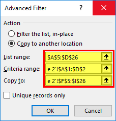 Advance Filter in Excel Example 2-1