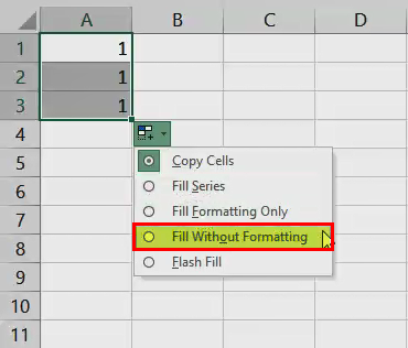 AutoFill in Excel - Example 1 (Fill without fornatting)