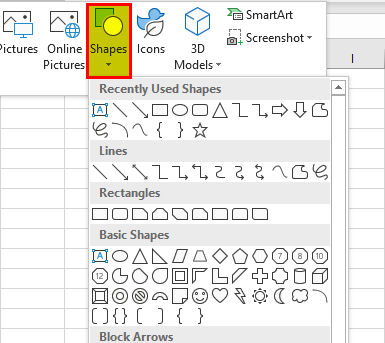 how to add shapes in excel 2016