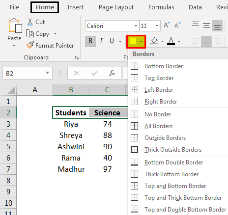 border in excel example 1.3