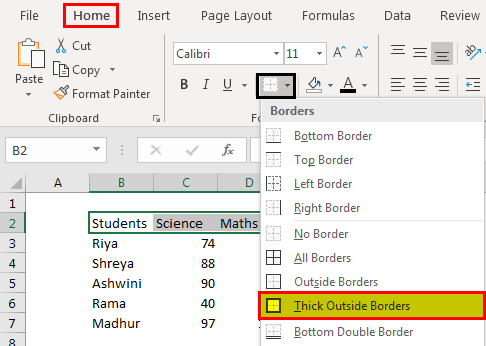 border in excel example 2.1