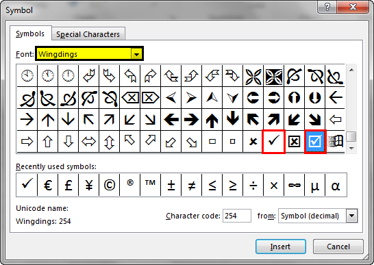 Check Mark in Excel Symbol option 1