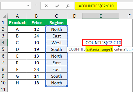 Countifs Function in Excel Example 2.2