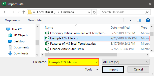 CSV Files into Excel Example 1.12
