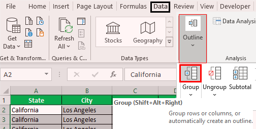 Как сгруппировать строки в Excel Пример 1.3