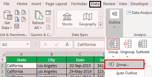 Как сгруппировать строки в Excel Пример 1.4