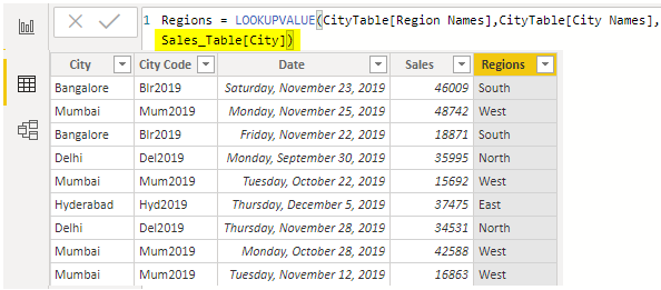 Power BI Vlookup (sales-table-city)