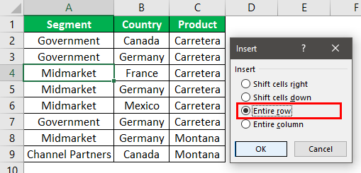 excel shift cells down right