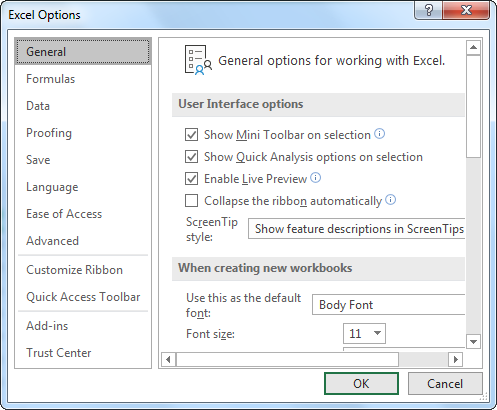Excel Options Window