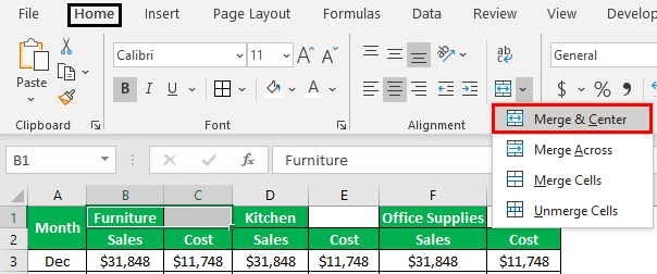 quick command for merge and center in excel