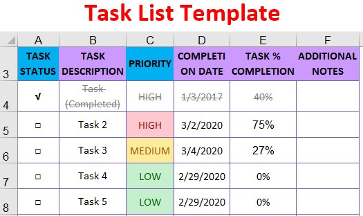 excel tasks template