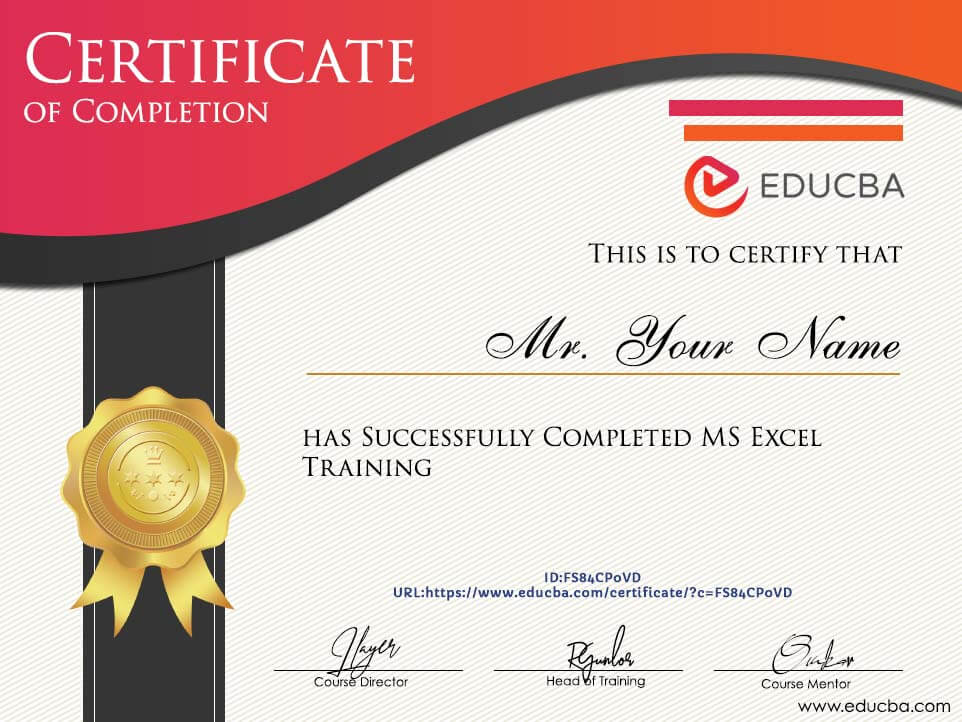 Excel Training Course Certificate of Completion